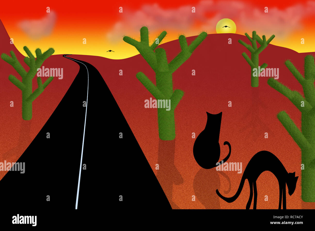 Strada nel deserto del fumetto. Rosso tramonto o l'alba, verde cactus e gatto nero Foto Stock