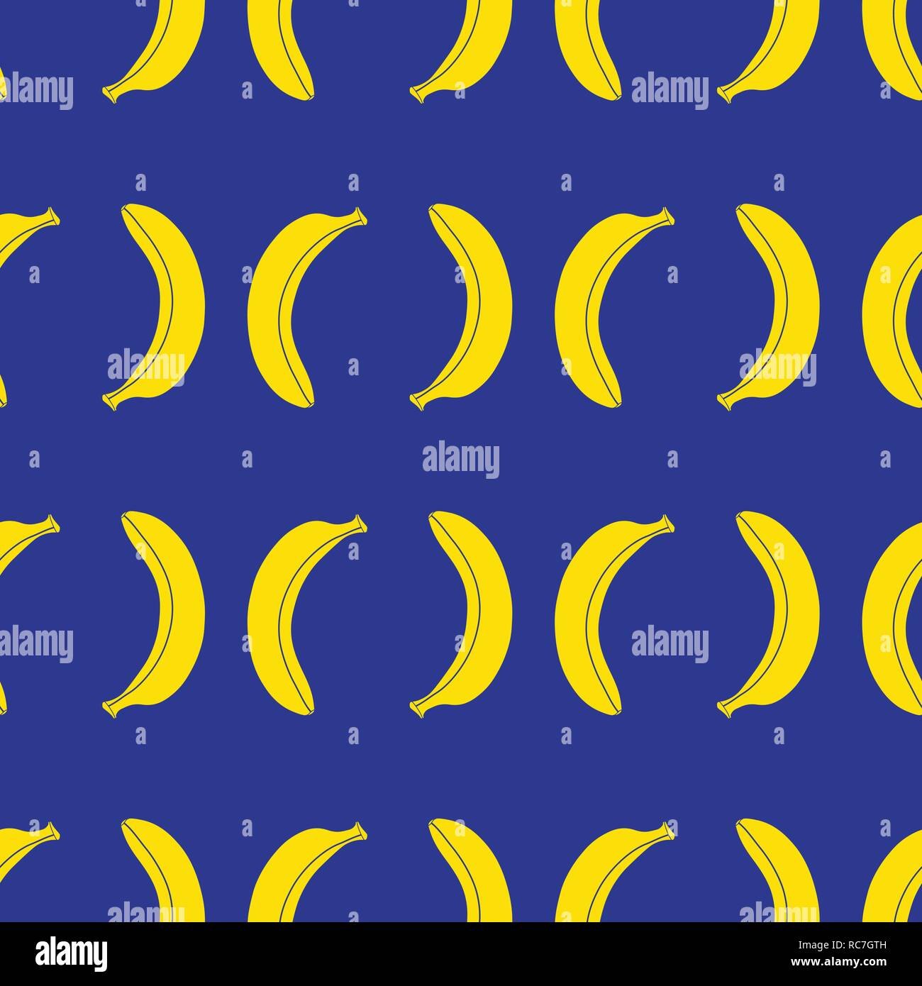 Seamless repeat pattern del vettore delle banane gialle royal su sfondo blu. Frutto giallo. Illustrazione Vettoriale