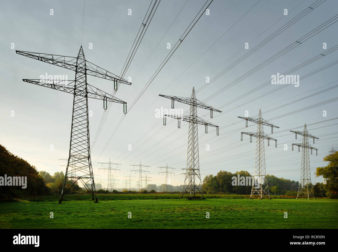 Paesaggio di campo con linee di alimentazione nei pressi di coal fired power station, Paesi Bassi Foto Stock