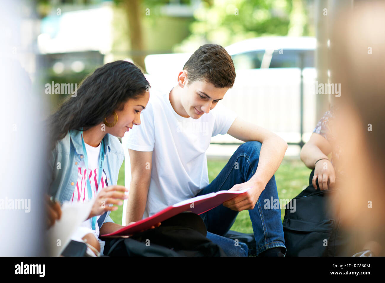 Maschi e femmine di istruzione superiore gli studenti alla ricerca di documentazione sul campus universitario prato Foto Stock