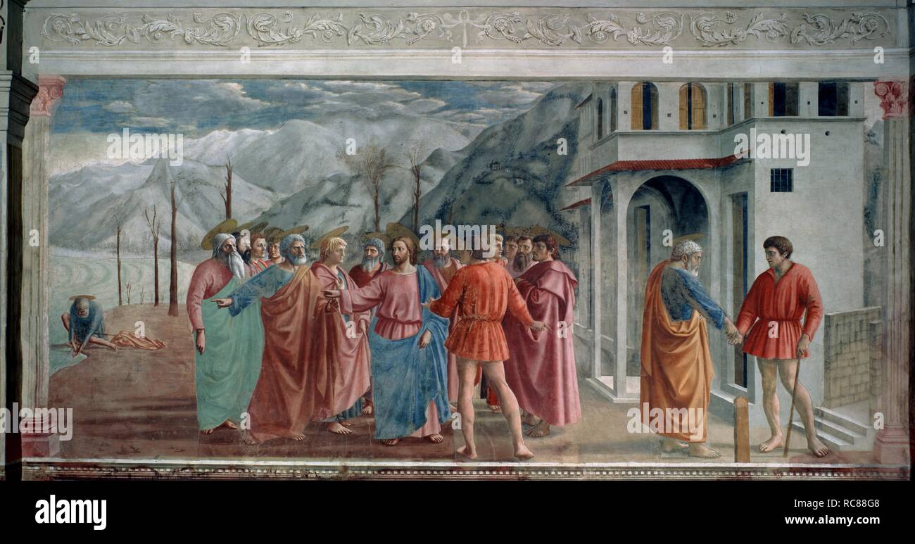 La moneta del tributo". Museo: Cappella Brancacci di Santa Maria del Carmine a Firenze. Autore: Masaccio. Foto Stock