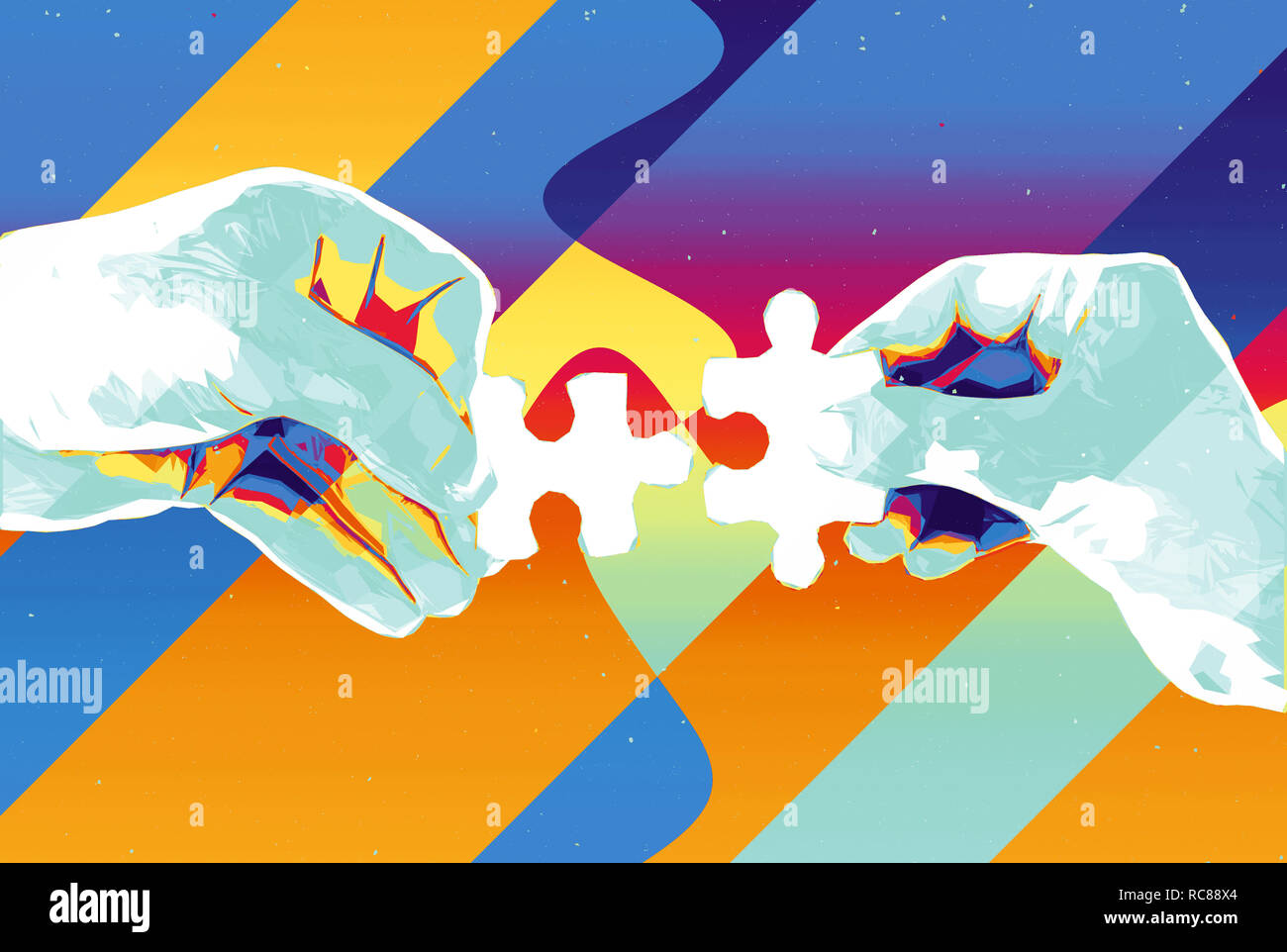 Mani con due pezzi di un puzzle sfondo astratto , moderno illustrazione per il lavoro di squadra, partenariato , rapporto , il collegamento e la cooperazione tra imprese . Foto Stock