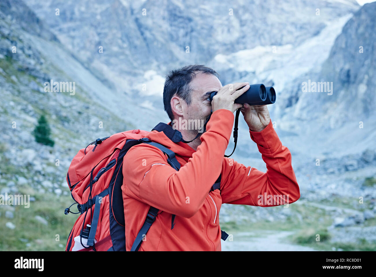 Escursionista utilizzando un binocolo, Mont Cervin, Cervino, Vallese, Svizzera Foto Stock