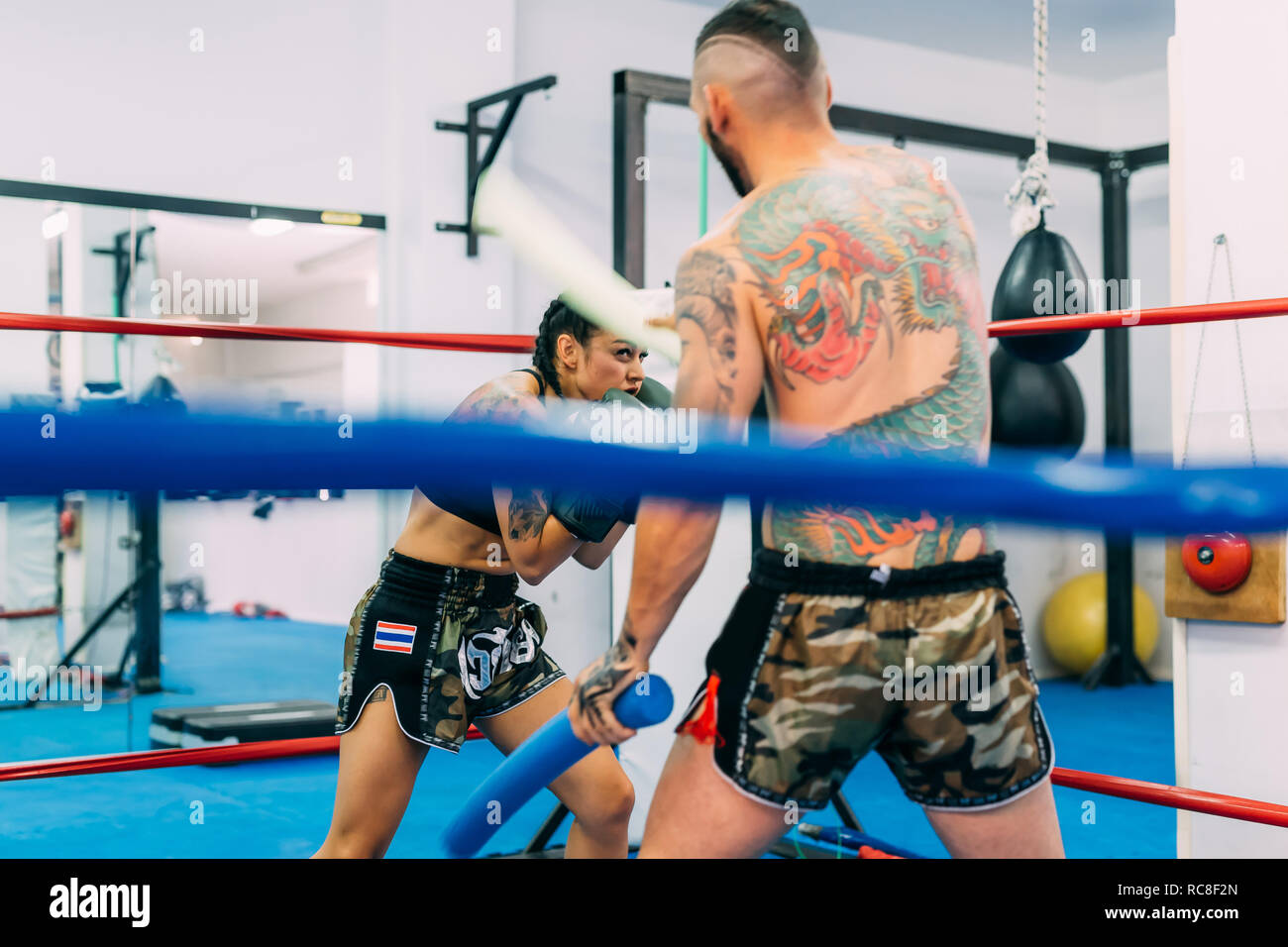 Maschio e femmina boxer di lavoro nel pugilato ring Foto Stock