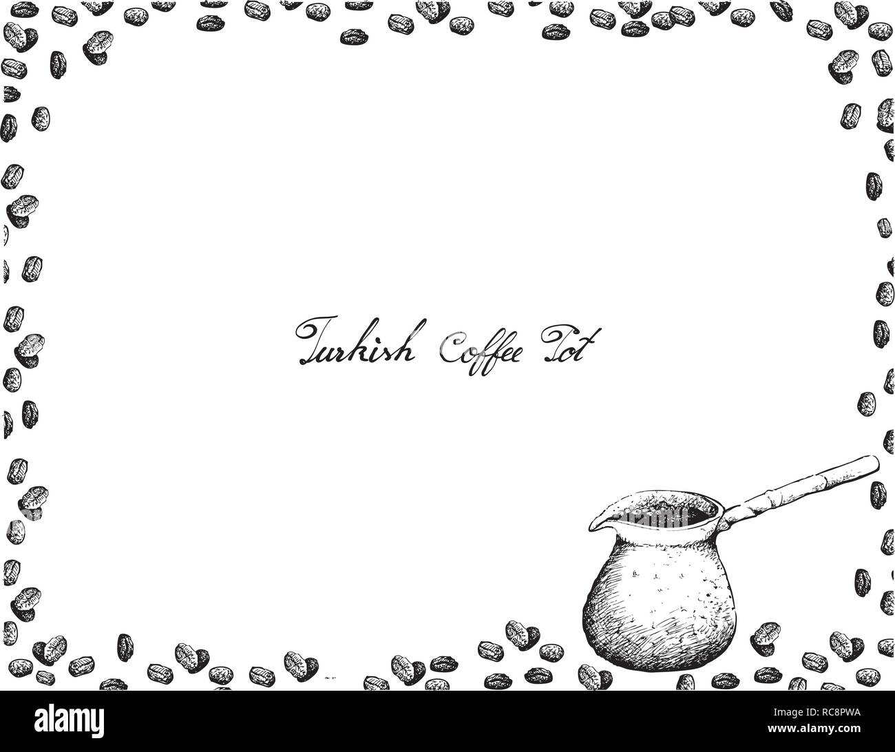 La cucina turca, Cezve o caffè turco Pot con i chicchi di caffè. Uno dei popolari Drink in Turchia. Illustrazione Vettoriale
