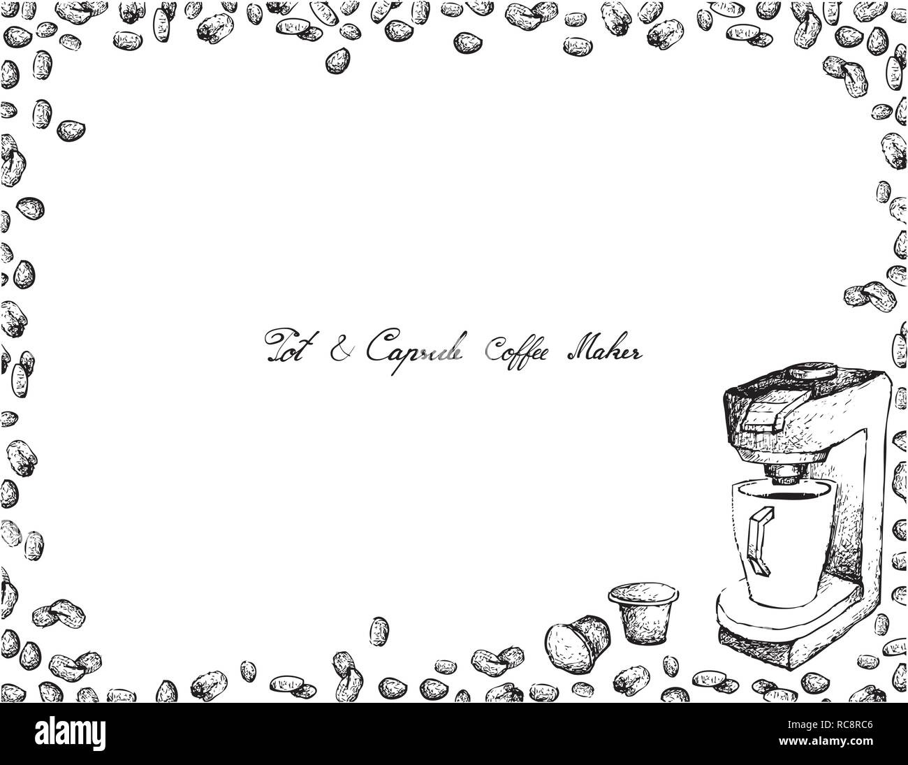 Illustrazione disegnata a mano schizzo di chicchi di caffè e Pod o capsule con macchina per il caffè Espresso isolati su sfondo bianco. Un apparecchio usato per preparare il caffè Illustrazione Vettoriale