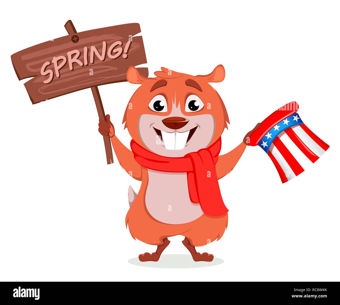 Felice Festa della mamma. Funny marmotta tenendo lo zio Sam hat e piatto in legno. Illustrazione Vettoriale su sfondo bianco Illustrazione Vettoriale