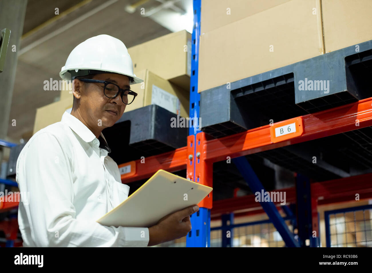 Warehouse Manager asian controllando il suo inventario in un grande magazzino - Immagine Foto Stock