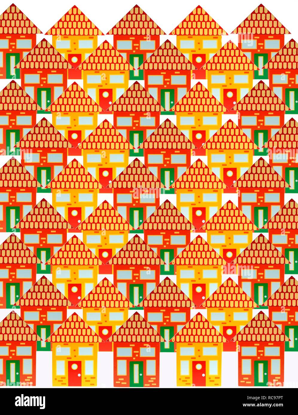 Molte case fatte di blocchi giocattolo, immagine simbolica per la vita in città Foto Stock