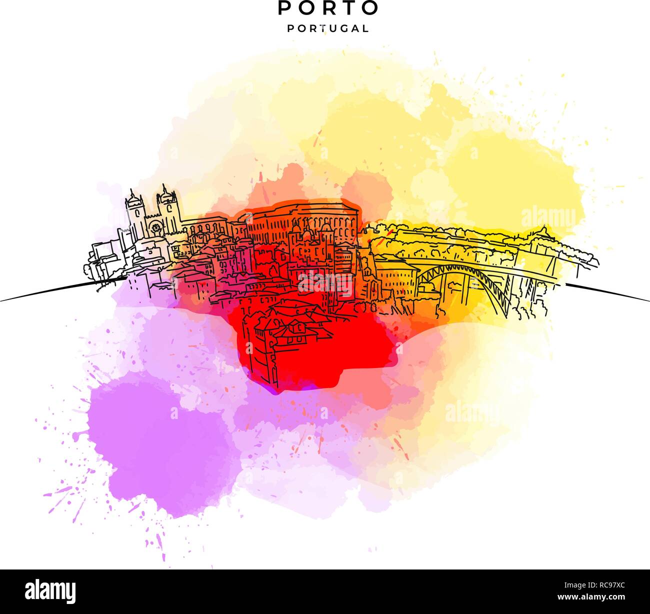 Sui Tetti di Porto. Disegnate a mano illustrazione vettoriale. Famose destinazioni di viaggio serie. Illustrazione Vettoriale