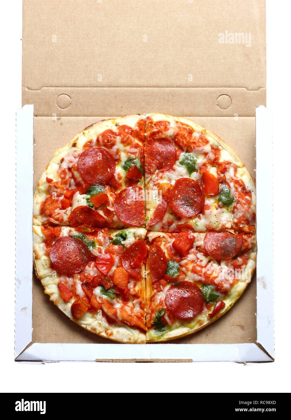 Il fast food, pizza in una pizza da asporto box Foto Stock