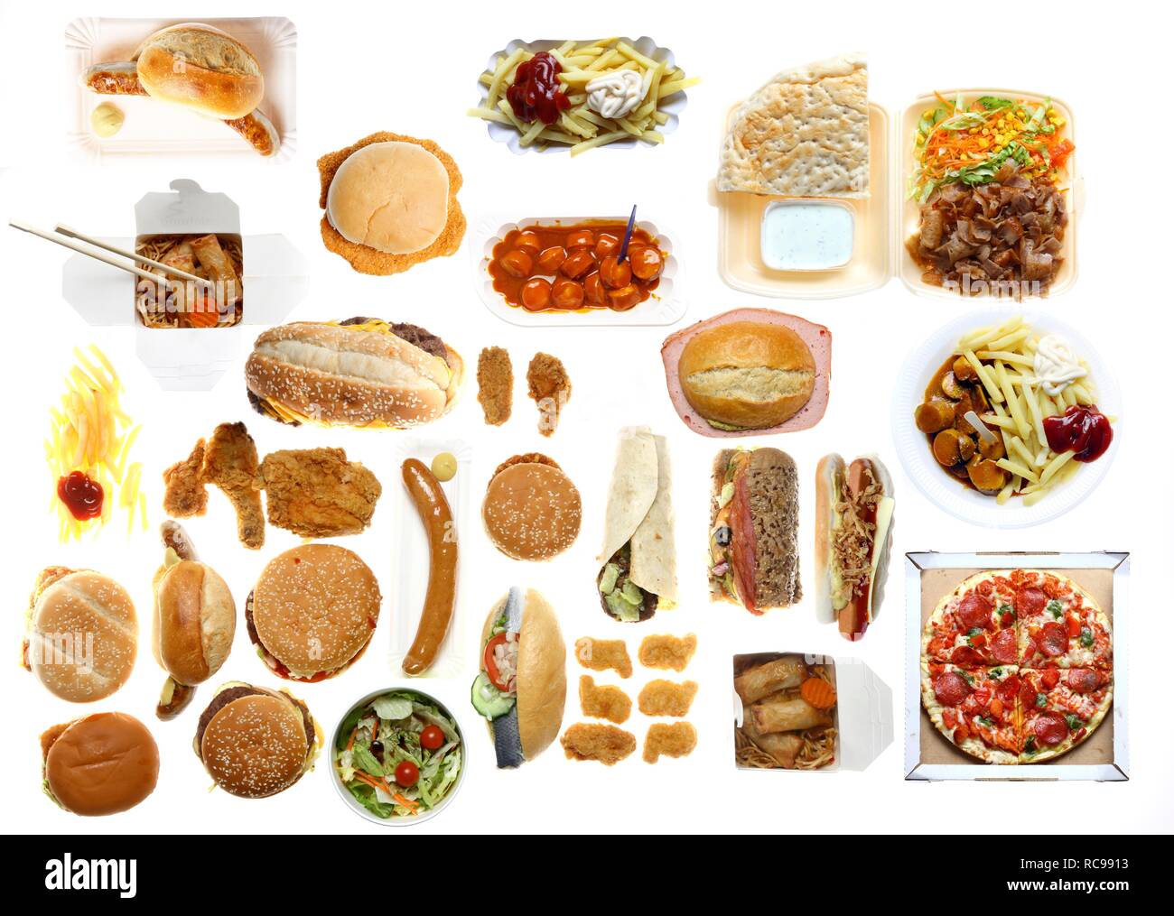 Varie fast-food pasti, hamburger, salsicce e patate fritte, pizza, Döner Kebab, hot dogs, steak sandwich Foto Stock