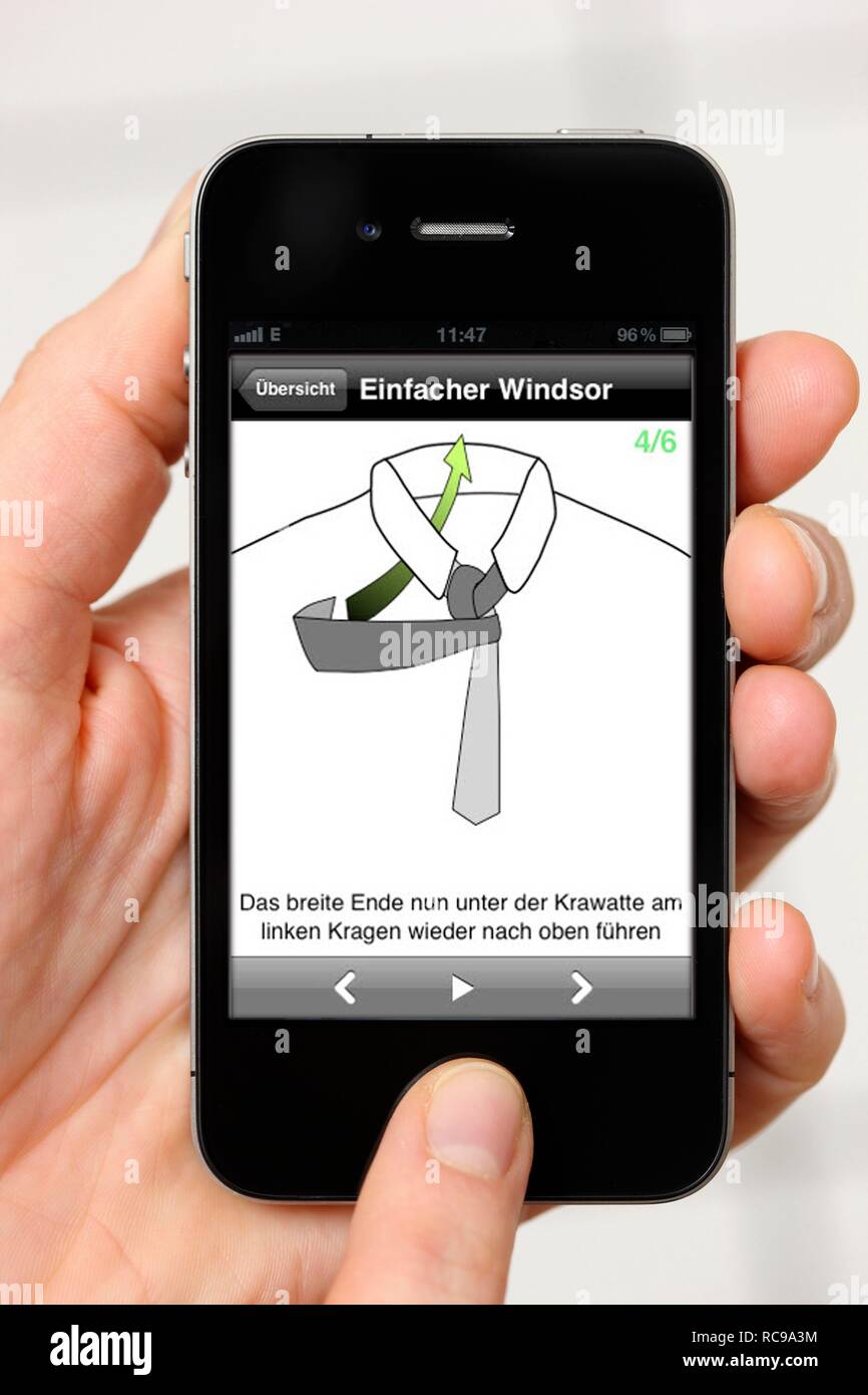 Iphone, smart phone, app sullo schermo e le istruzioni su come legare un tirante Foto Stock