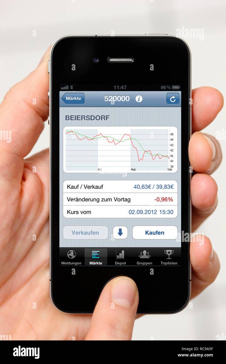 Iphone, smart phone, informazioni sulle quotazioni di borsa, app sullo schermo Foto Stock