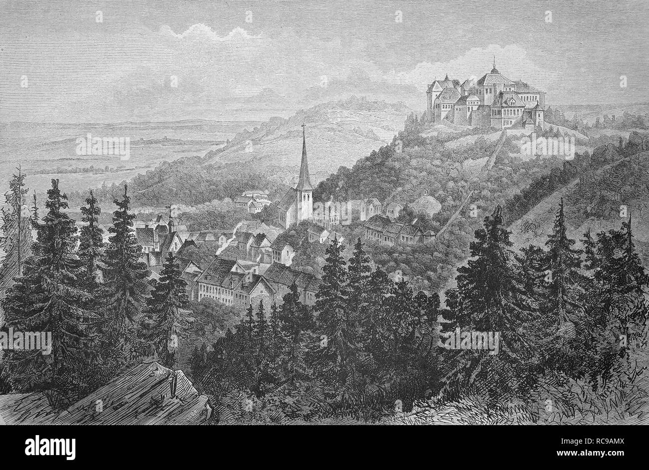 Il castello con la città di Blankenburg nella regione di Harz, Sassonia-Anhalt, Germania, storico xilografia, c. 1880 Foto Stock