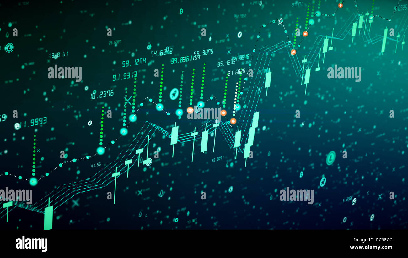 Il futuristico digital business cryptocurrency candela innalzamento del grafico. 3D illustrazione del diagramma finanziario cresce sul mercato rialzista, mostrando la crescita e incrementato Foto Stock