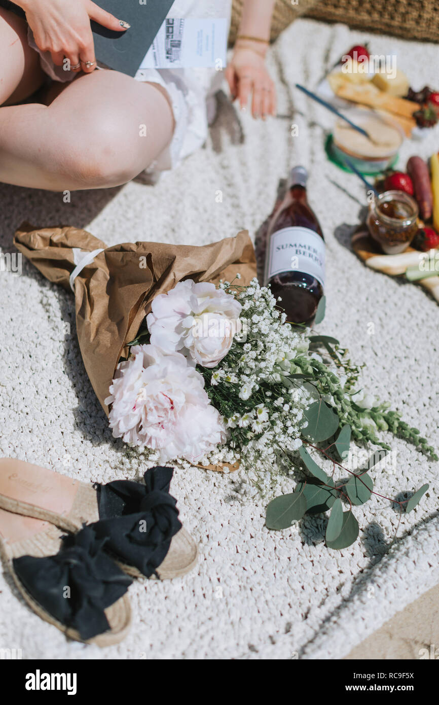 Giovane donna sulla coperta picnic in spiaggia, ritagliato, Menemsha, Martha's Vineyard, Massachusetts, STATI UNITI D'AMERICA Foto Stock