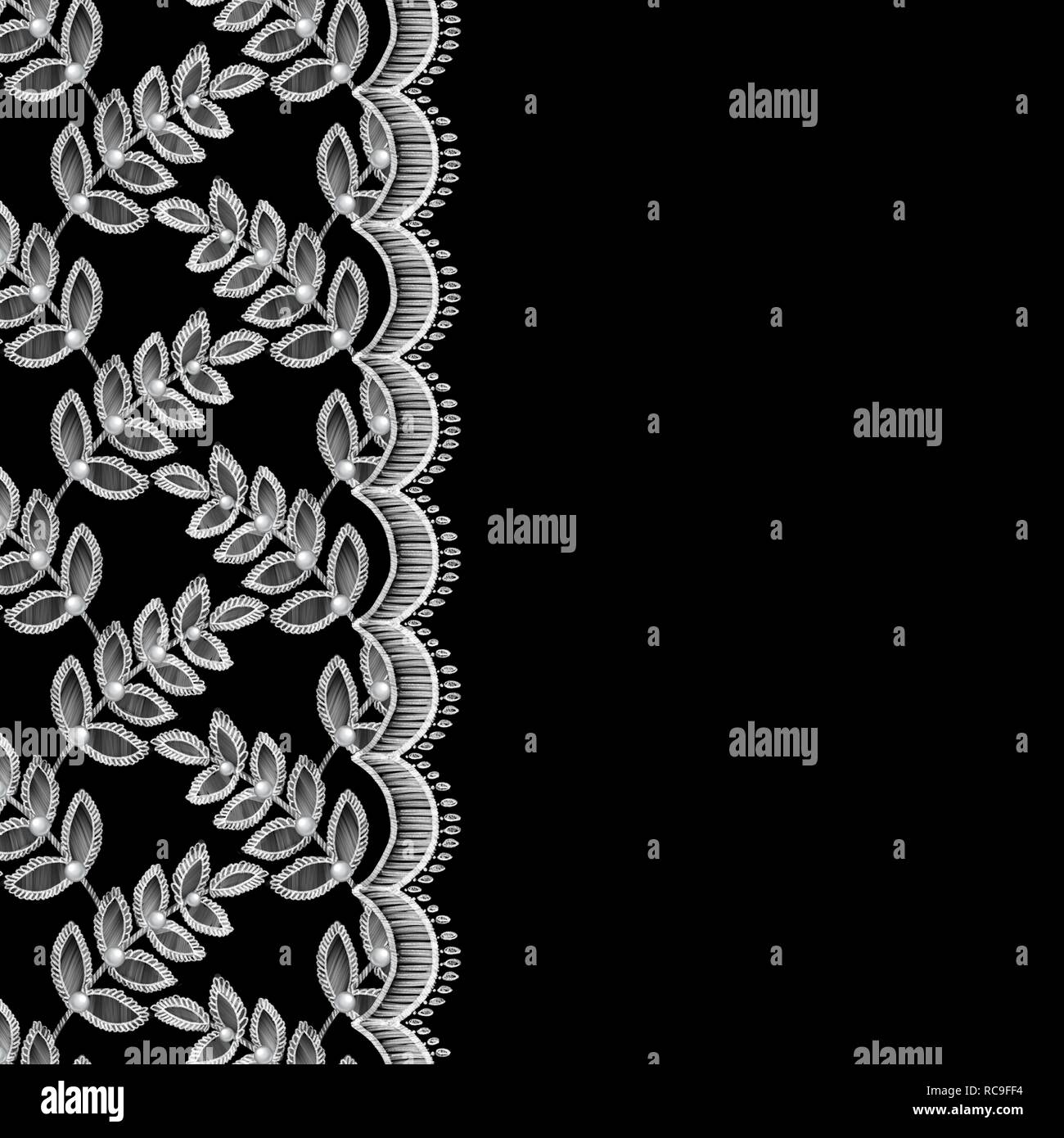 Pizzo confine senza giunture con foglie decorativa e perle Foto Stock