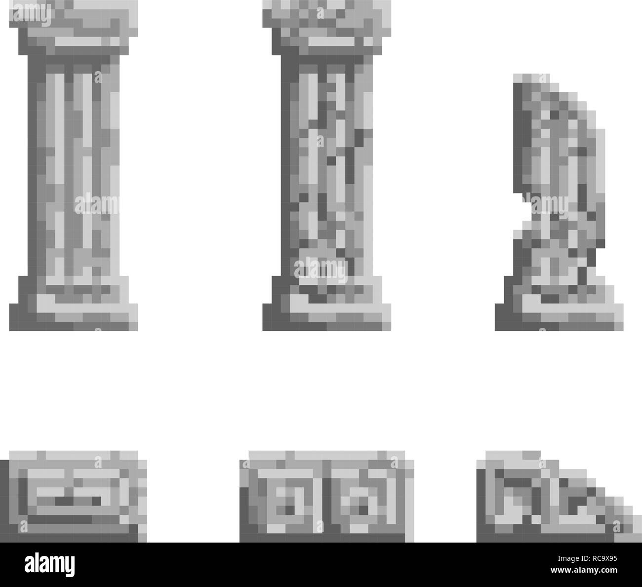 Vettore pixel art illustrazione 8 bit grigio antiche rovine colonna isolato. Vecchio video gioco stile arte Illustrazione Vettoriale
