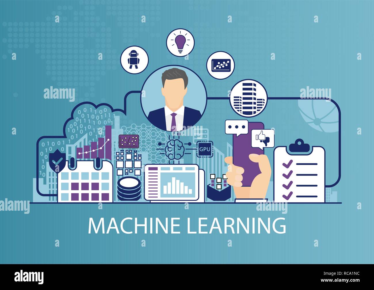 Machine Learning illustrazione vettoriale con uomo d affari e le icone Illustrazione Vettoriale