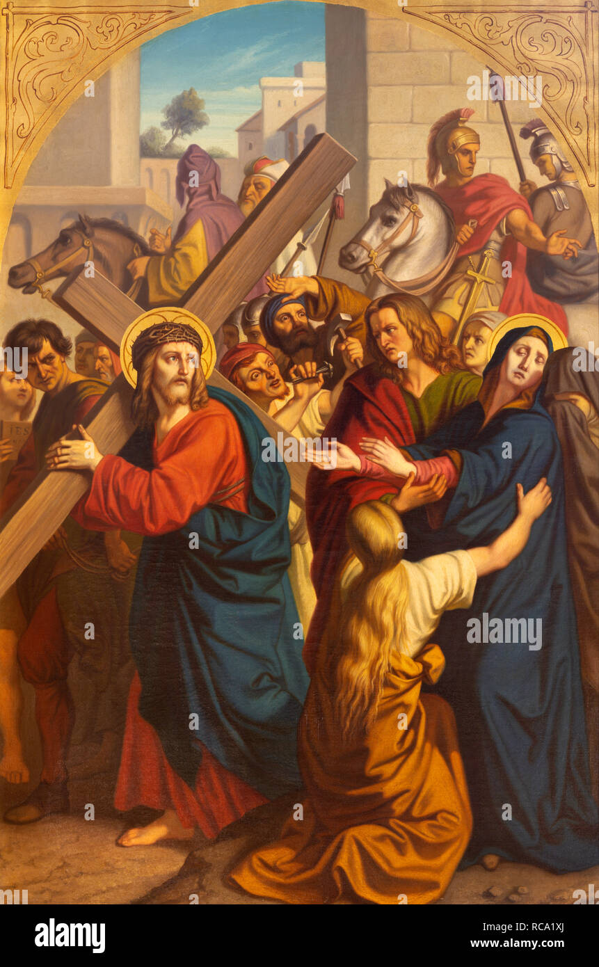 Praga, Repubblica Ceca - 15 ottobre 2018: La pittura di Gesù incontra sua Madre nella chiesa Bazilika svatého Petra a Pavla na Vyšehrade Foto Stock