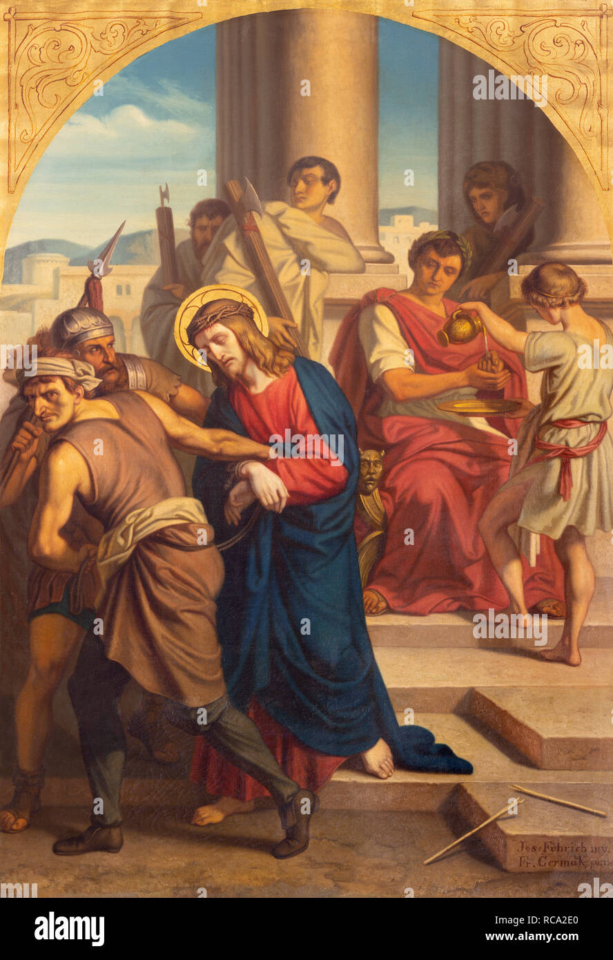 Praga, Repubblica Ceca - 15 ottobre 2018: La pittura di Gesù Gesù sentenza di Pilato nella chiesa Bazilika svatého Petra a Pavla na Vyšehrade Foto Stock