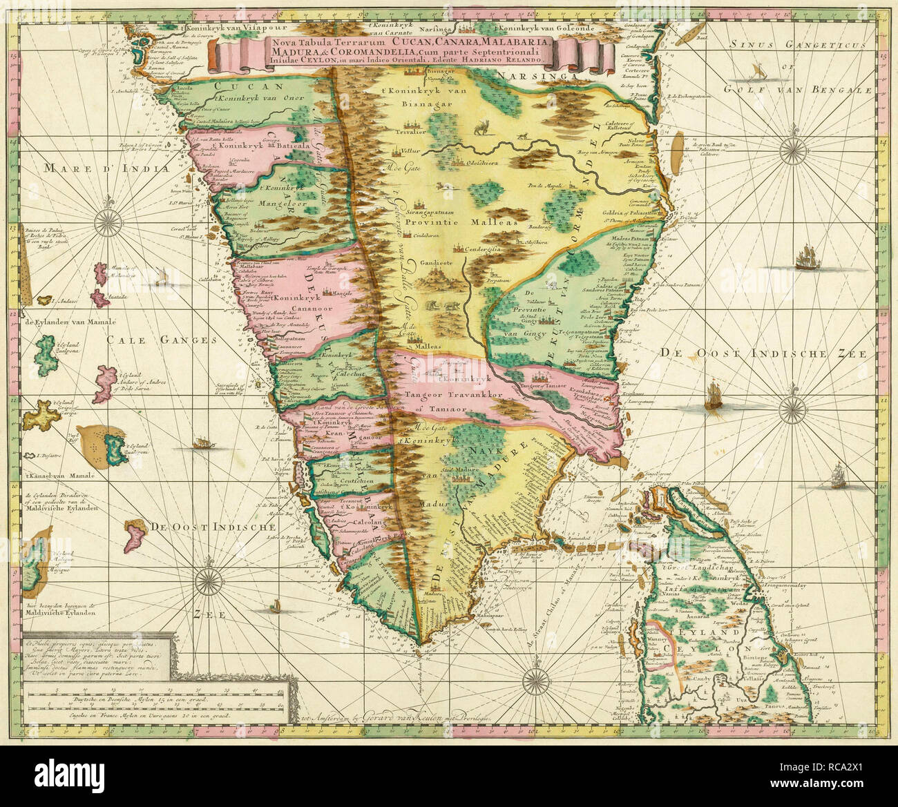 Mappa di India Meridionale e Ceylon, dopo un lavoro fatto circa 1720 dal cartografo olandese Adriaan Reland. Adam's ponte tra le due nazioni è chiaramente contrassegnati. Foto Stock