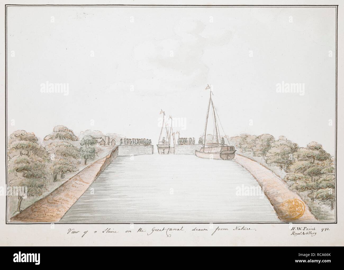 Vista di una chiusa sul Canale Grande, prelevata dalla natura. / H.W. Parrocchia Royal Artillery 1793. Tre navi a vela che passa attraverso il cancello di sluice, con gli spettatori in piedi sulla parte superiore della muratura in background e gli alberi su entrambi i lati, entro washlines. . Una raccolta di ottanta viste, mappe, ritratti e disegni illustrativi dell'Ambasciata ha inviato in Cina sotto George, Conte di Macartney, nel 1793; disegnato principalmente da William Alexander, alcuni da Sir John Barrow, Bart., alcuni da Sir Henry Woodbine parrocchia e uno da William Gomm. Molti di loro sono incisi nel Sir George Staunton la narrazione del Foto Stock