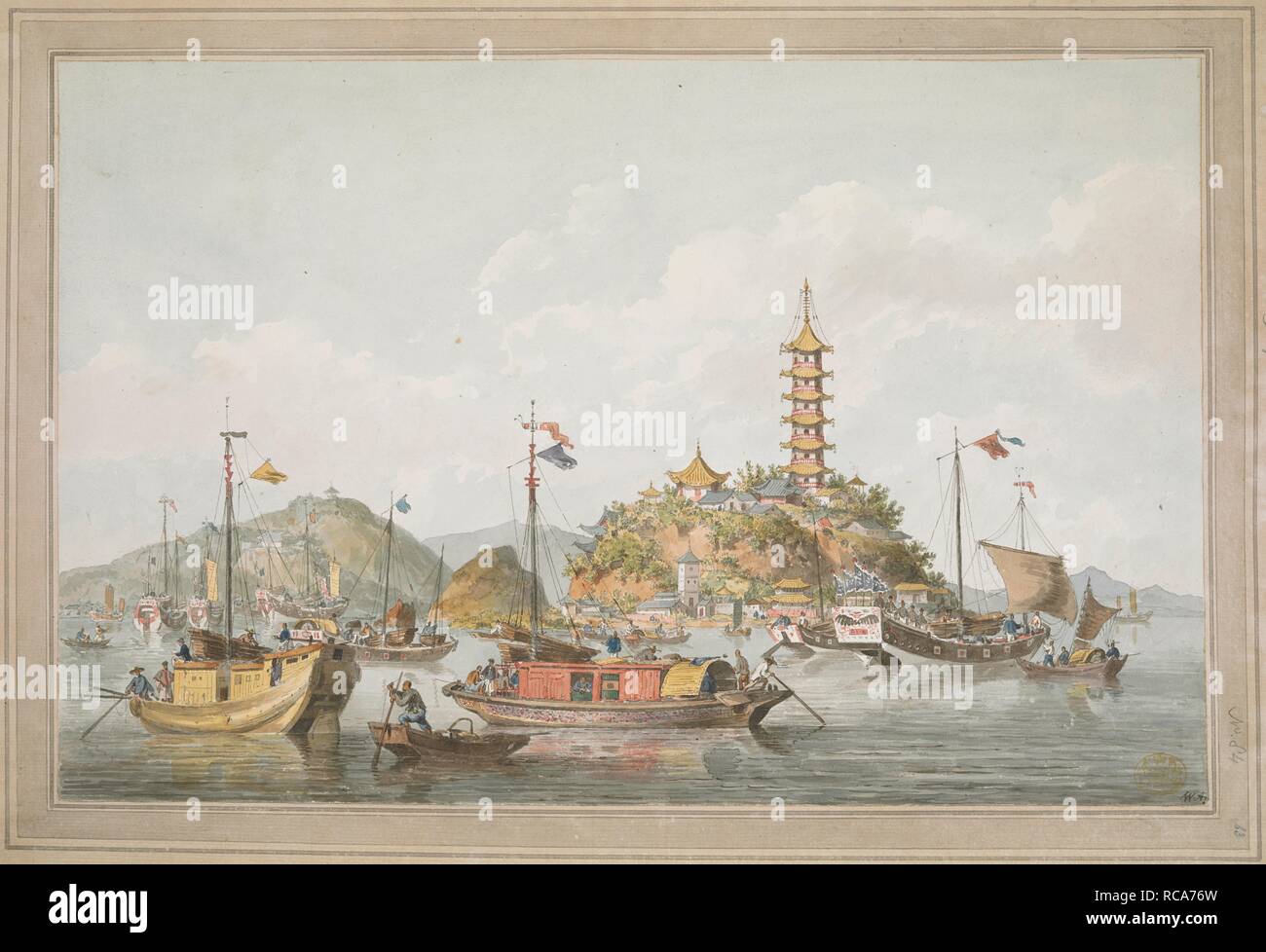 Tchin-san o Golden Mountain, un'isola nel fiume Yang-tse-kiang. Chiatte e decorate le navi a vela sul Fiume Yangtze, con pagoda sulla cima di un'isola e il villaggio ai suoi piedi in background e montagne. Incollato sul monte con washlines e annotato a matita sul tergo: 'Il Golden Mountain, un'isola nel fiume azzurro. Novembre 1793'. Firmato con le iniziali in basso a destra. . Una raccolta di ottanta viste, mappe, ritratti e disegni illustrativi dell'Ambasciata ha inviato in Cina sotto George, Conte di Macartney, nel 1793; disegnato principalmente da William Alexander, alcuni da Sir John Barrow, Ba Foto Stock
