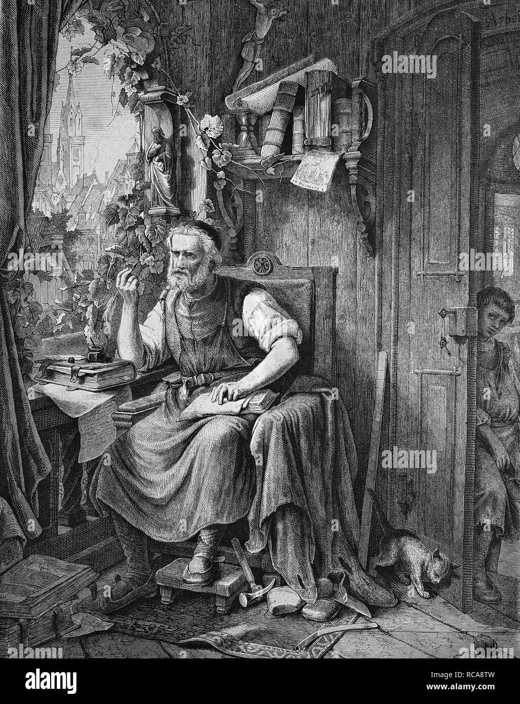 Hans Sachs, 1494-1576, poeta da Norimberga, Meistersinger e drammaturgo, storica incisione, 1869 Foto Stock