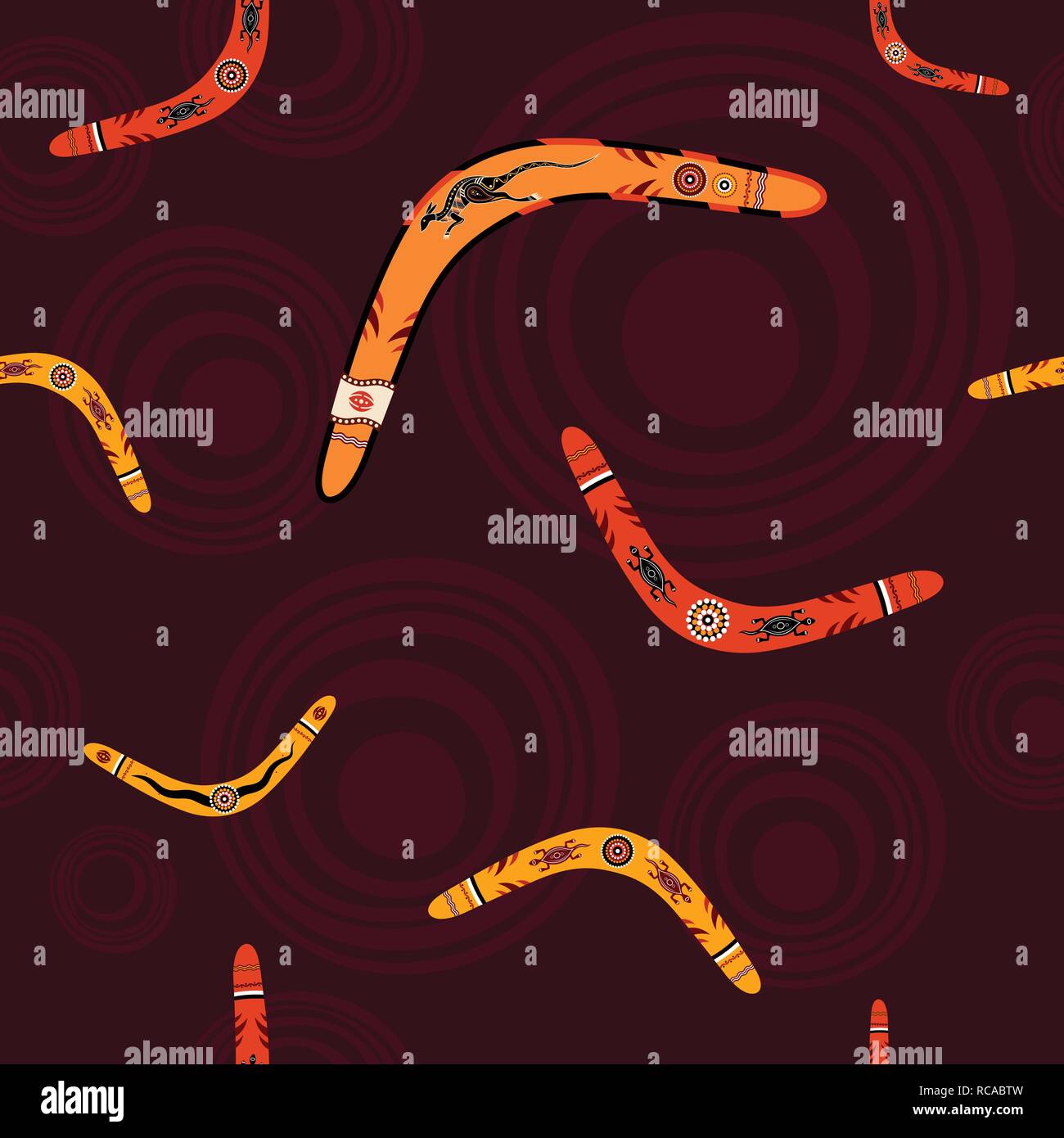 Seamless pattern con il boomerang e circoli astratta su sfondo. Aborigeni Australiani ornamento. Pittura aborigena di stile. Sfondo del vettore. Illustrazione Vettoriale