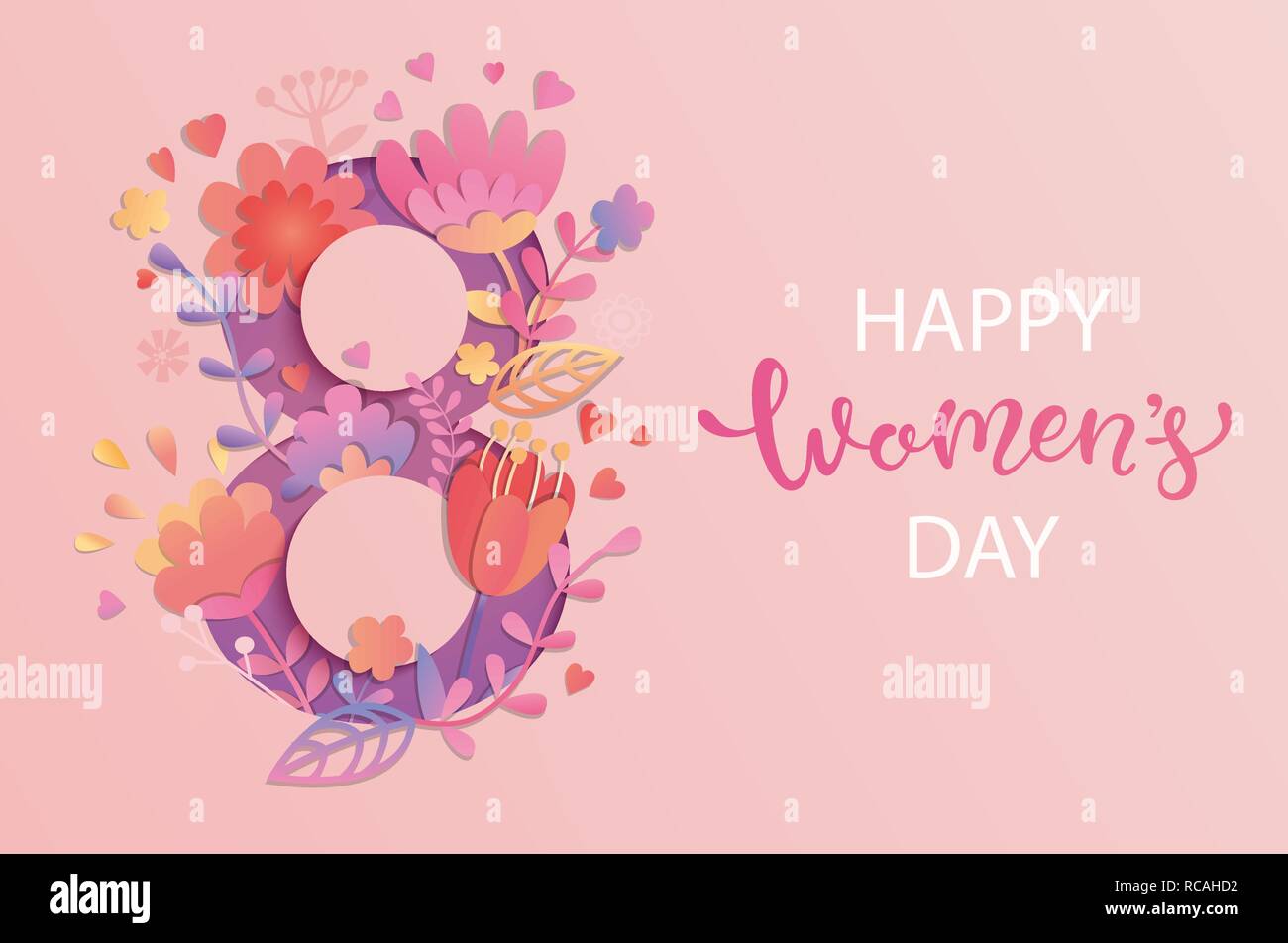 La Giornata internazionale della donna. Banner, flyer per il 8 marzo la decorazione da fiori di carta e disegnati a mano scritte. Congratulazioni e augurando happy holiday card per newsletter, brochure, cartoline. Vettore. Illustrazione Vettoriale