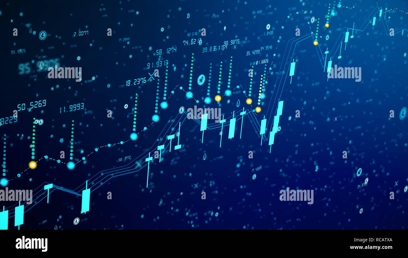 Il futuristico digital business cryptocurrency candela innalzamento del grafico. 3D illustrazione del diagramma finanziario cresce sul mercato rialzista, mostrando la crescita e incrementato Foto Stock