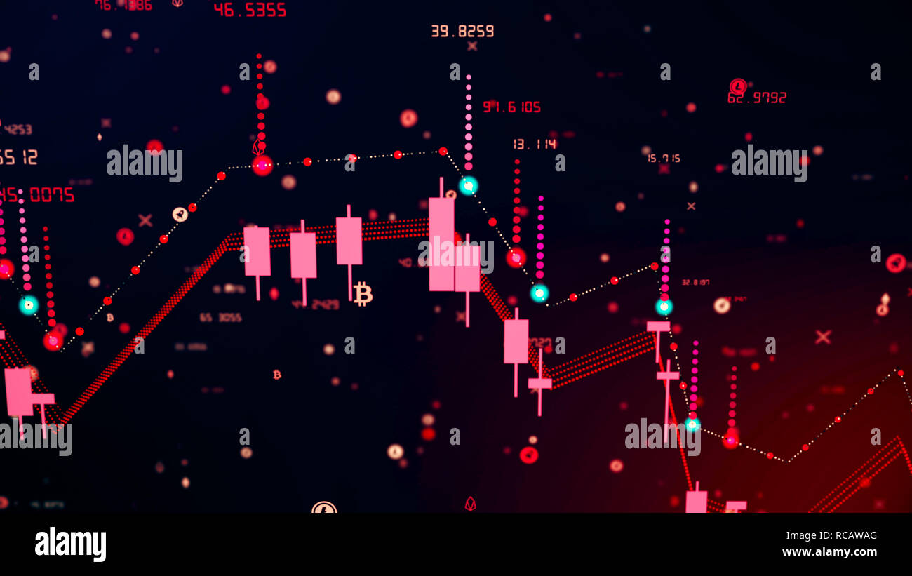 Il futuristico digital business cryptocurrency candela caduta del grafico. 3D illustrazione del diagramma finanziario cade sul mercato ribassista, mostrando di recessione o finan Foto Stock