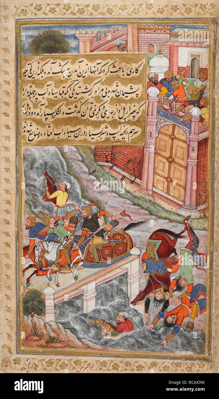 Ahmad Miran Shahi e Mahmud Chaghataâ€™i, zii di Babur, routing il nemico su un ponte quando invasero Farghana (Murhan). Vaki"a-i Baburi, le memorie di Babur, tradotto dall'originale Turki da Mirza 'Abd al-Rahim Khan-ho khanan. E un centinaio di quaranta tre miniature (principalmente con attribuzioni). c.1590. Acquerello opaco. Stile Mughal;/Mughal Akbar stile. Fonte: o. 3714 Vol.1 f.22v. Foto Stock