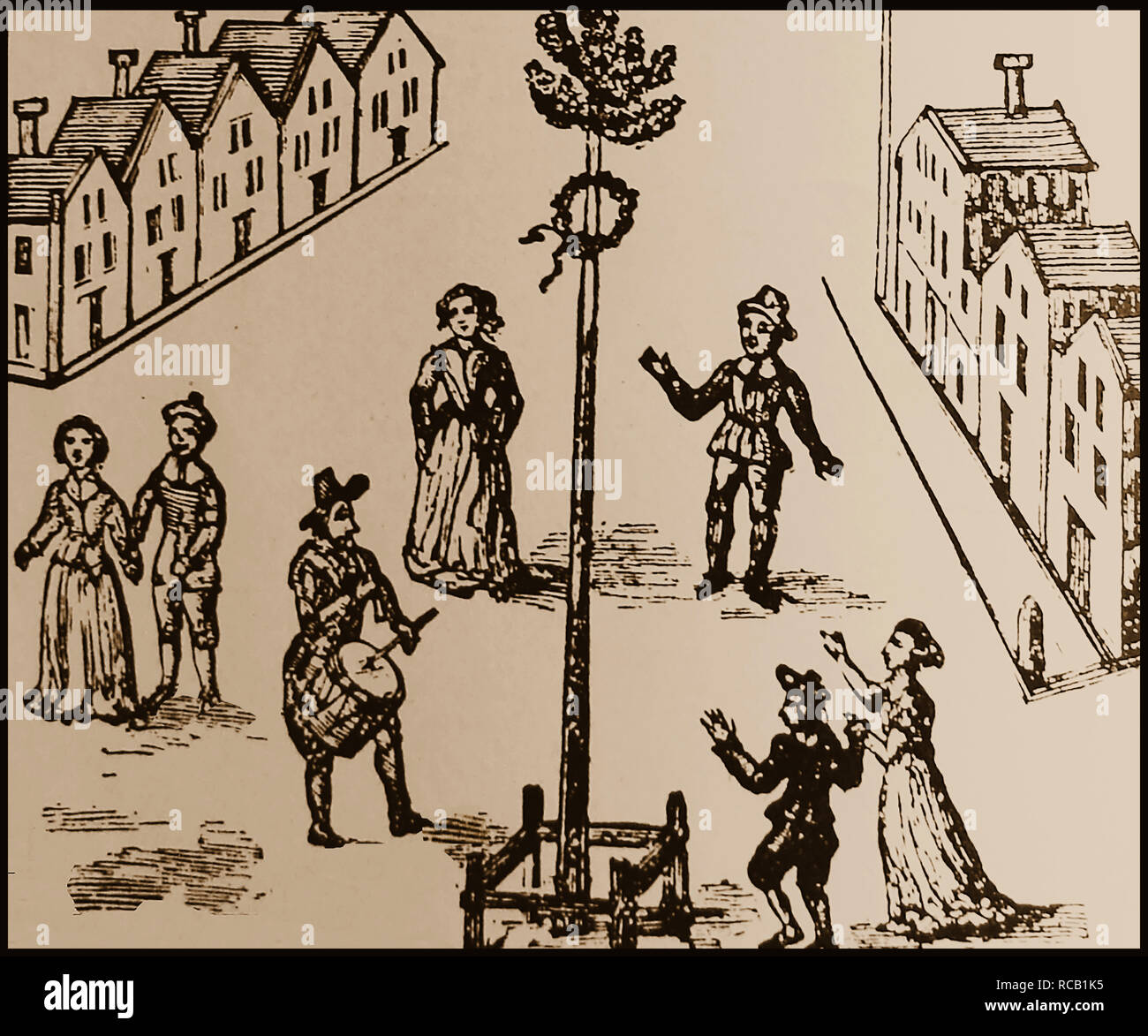 Se scoraggiati dalla Puritans che spesso tagliarli giù, Maypole dancing ancora continuato tutta la Gran Bretagna nei secoli XVI e XVII ogni giorno di maggio (1 maggio) Foto Stock