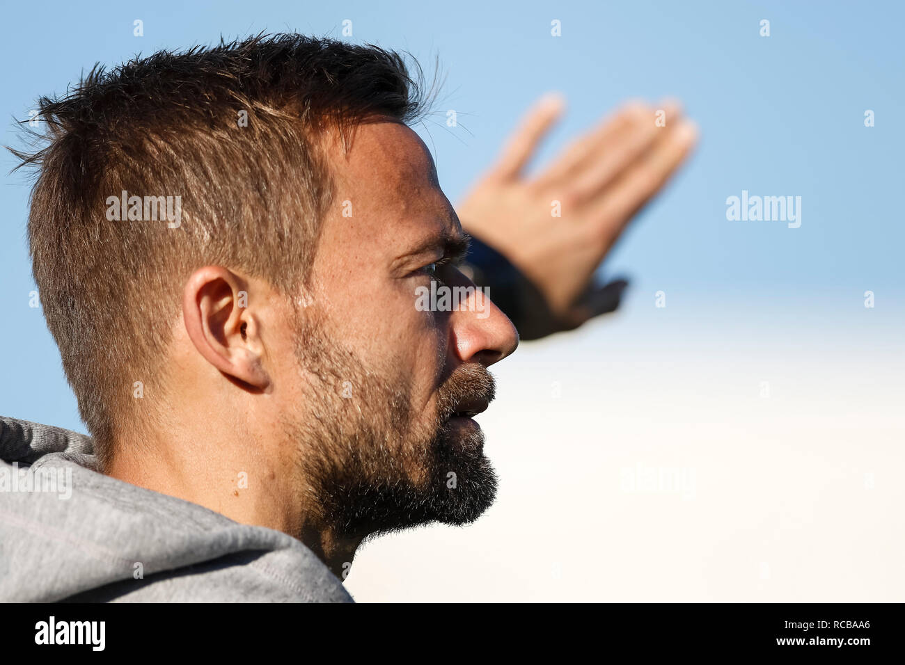 San Pedro del Pinatar, Spagna. Xiv gen, 2019. Cordiale incontro di calcio tra Genova CFC vs Würzburger kicker a Pinatar Arena Football Center. Credito: ABEL F. ROS/Alamy Live News Foto Stock