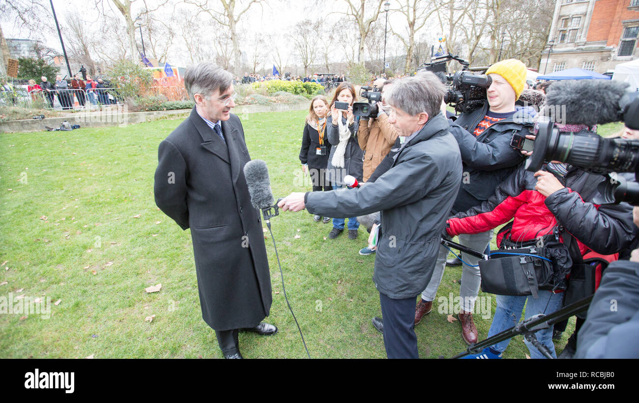 College Green, Westminster, London, Regno Unito. 15 gennaio, 2019. Giacobbe Rees-Mogg colloqui alla media su College Green al di fuori del Parlamento Credito: George Wright Cracknell/Alamy Live News Foto Stock