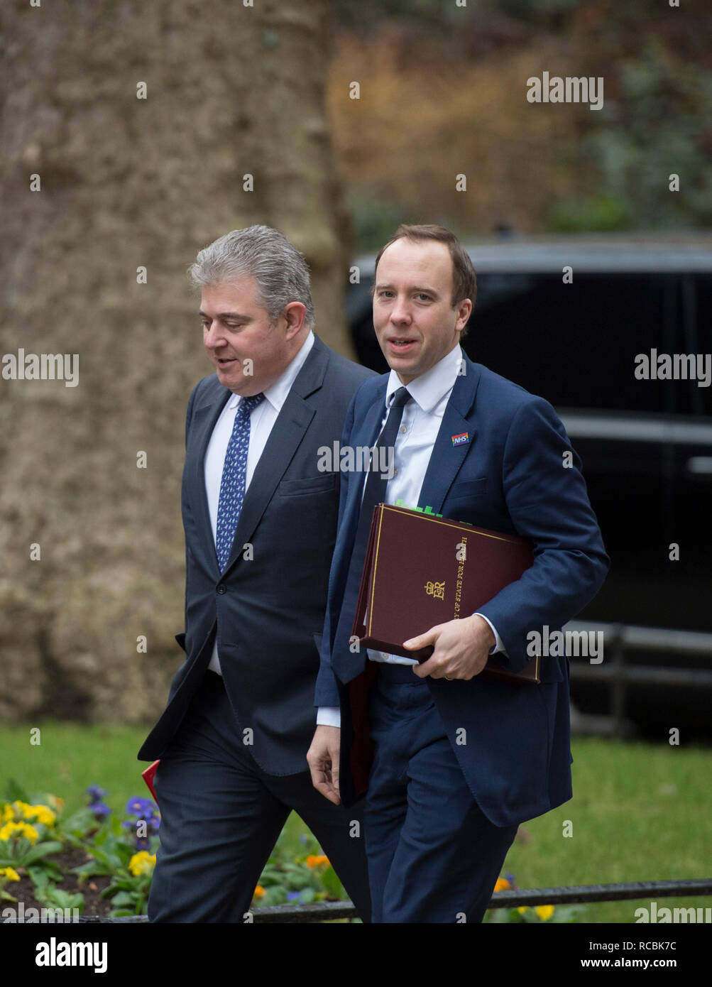 A Downing Street, Londra, Regno Unito. Il 15 gennaio 2019. Brandon Lewis, Partito Conservatore Presidente a Downing Street per settimanale riunione del gabinetto accompagnato da Matt Hancock, Segretario di Stato per la salute e la cura sociale indossando variopinti bandiera europea calze. Credito: Malcolm Park/Alamy Live News. Foto Stock