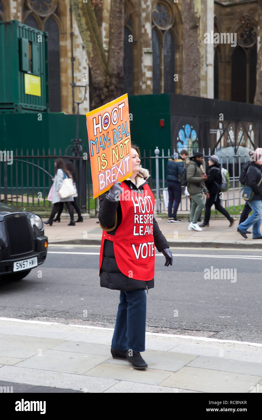 Londra, UK, 15 Gennaio 2019,contestatori raccogliere su College Green al di fuori della sede del Parlamento sul voto Brexit D-day. La votazione avrà luogo questa sera nonostante una serie di last-minute appelli a rebel Tory MPs a tornare alla sua UNIONE EUROPEA accordo di ritiro. Una sconfitta è probabile essere seguita da Jeremy Corbyn chiamando un voto di sfiducia nei confronti del governo. Credito: Keith Larby/Alamy Live News Foto Stock