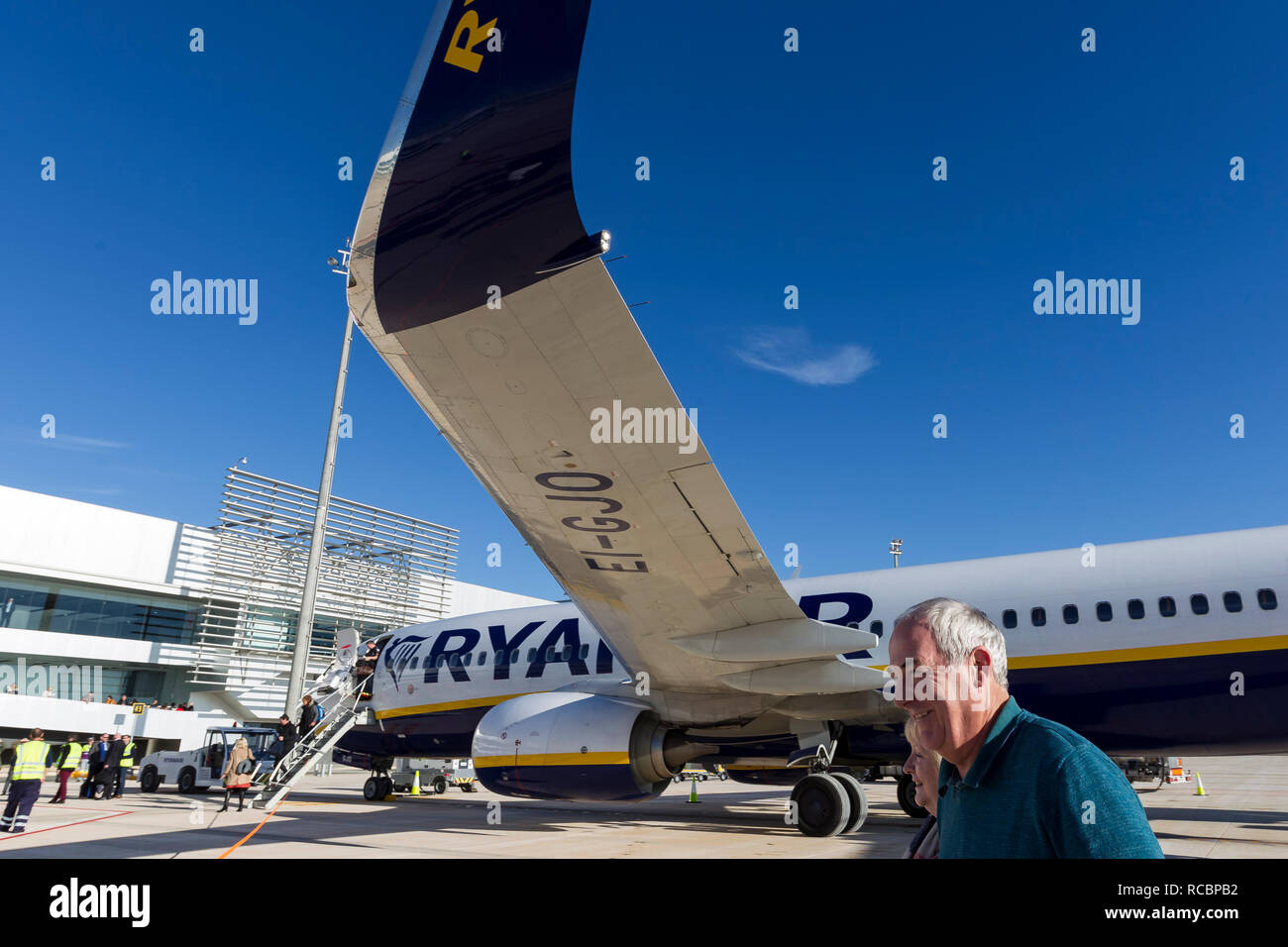 Murcia, Spagna. Il 15 gennaio, 2019. Apertura e orario di arrivo del primo volo all'aeroporto © ABEL F. ROS/Alamy Live News Foto Stock