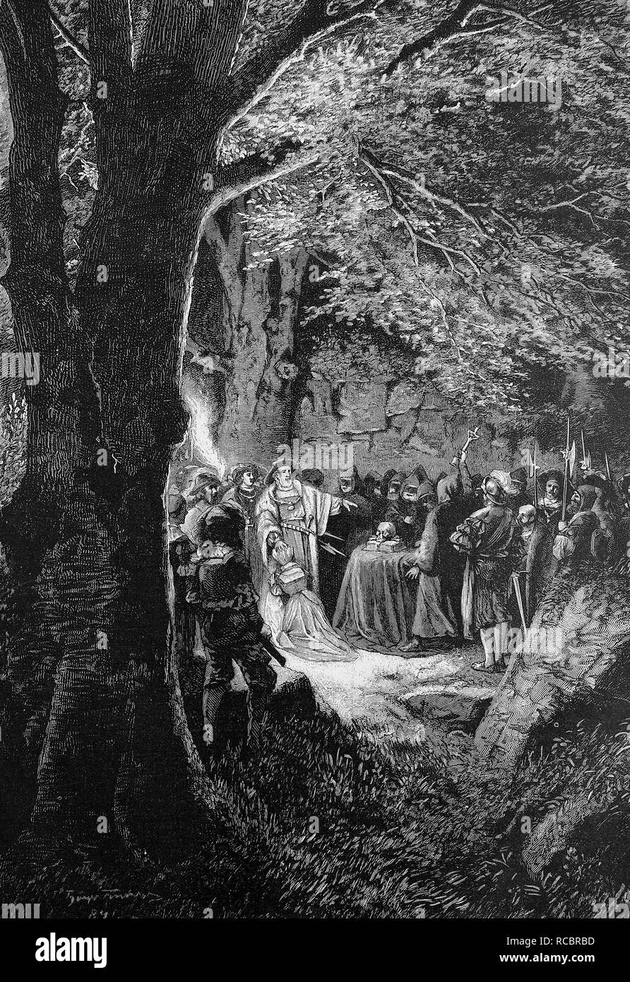 Margravio Christoph I di Baden, 1453 - 1527, tenendo un Fehmgericht, Vehmic corte, nelle sue terre, storica incisione su legno, 1886 Foto Stock