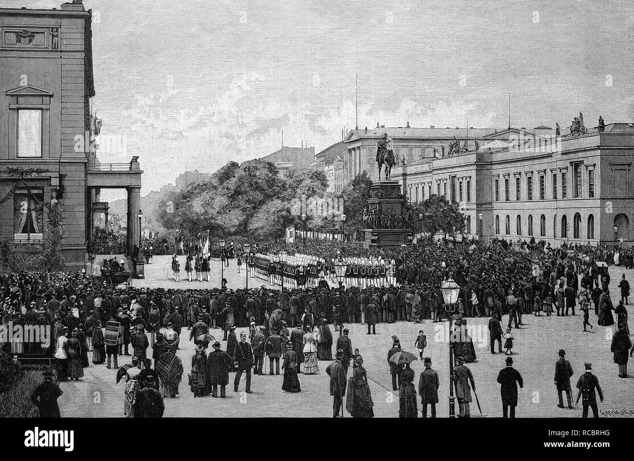 Bandiera parade presso il Palazzo Imperiale di Berlino in Germania, storica incisione, 1880 Foto Stock