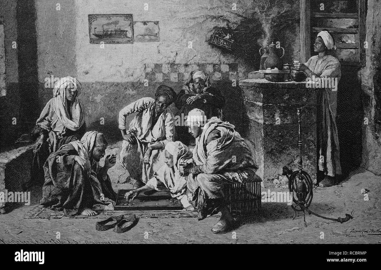 Il Backgammon i giocatori in un Egiziano cafe, storica incisione, 1883 Foto Stock