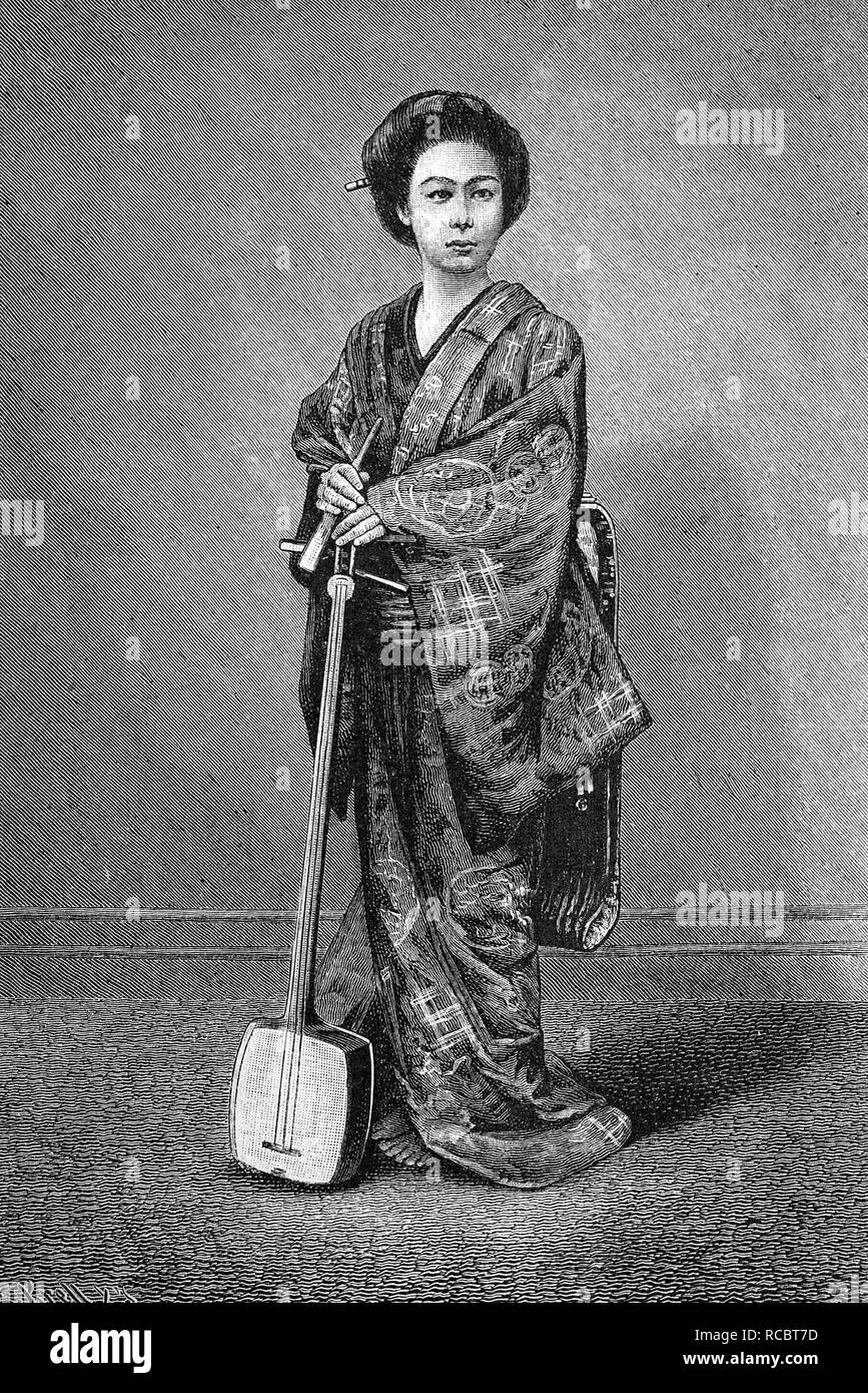 Il giapponese la vita delle donne, geisha tenendo un shamisen, storica incisione, 1883 Foto Stock