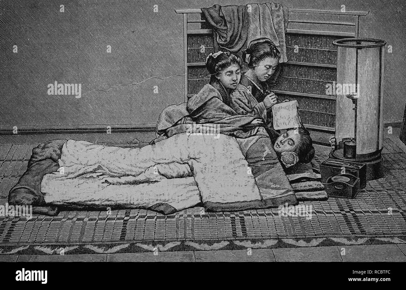 Il giapponese la vita delle donne, servi al momento di coricarsi, la storica incisione, 1883 Foto Stock