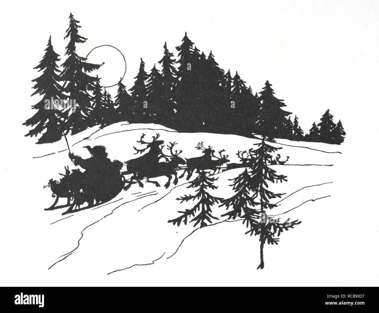 Babbo Natale che viaggiano attraverso un bosco innevato sulla sua slitta. [Una visita da San Nicola.] La notte prima di natale ... Illustrato da Arthur Rackham. Londra : G. G. Harrap & Co., 1931. Fonte: 011686.GG.2 pagina 37 dettaglio. Autore: RACKHAM, Arthur. Moore, Clement Clarke. Foto Stock