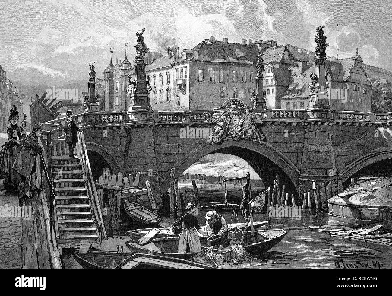 Kaiser Wilhelm Bruecke ponte in Berlino, Germania, storica incisione, circa 1888 Foto Stock