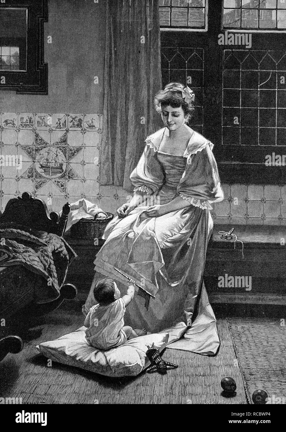 La madre e il bambino, storica incisione, circa 1888 Foto Stock