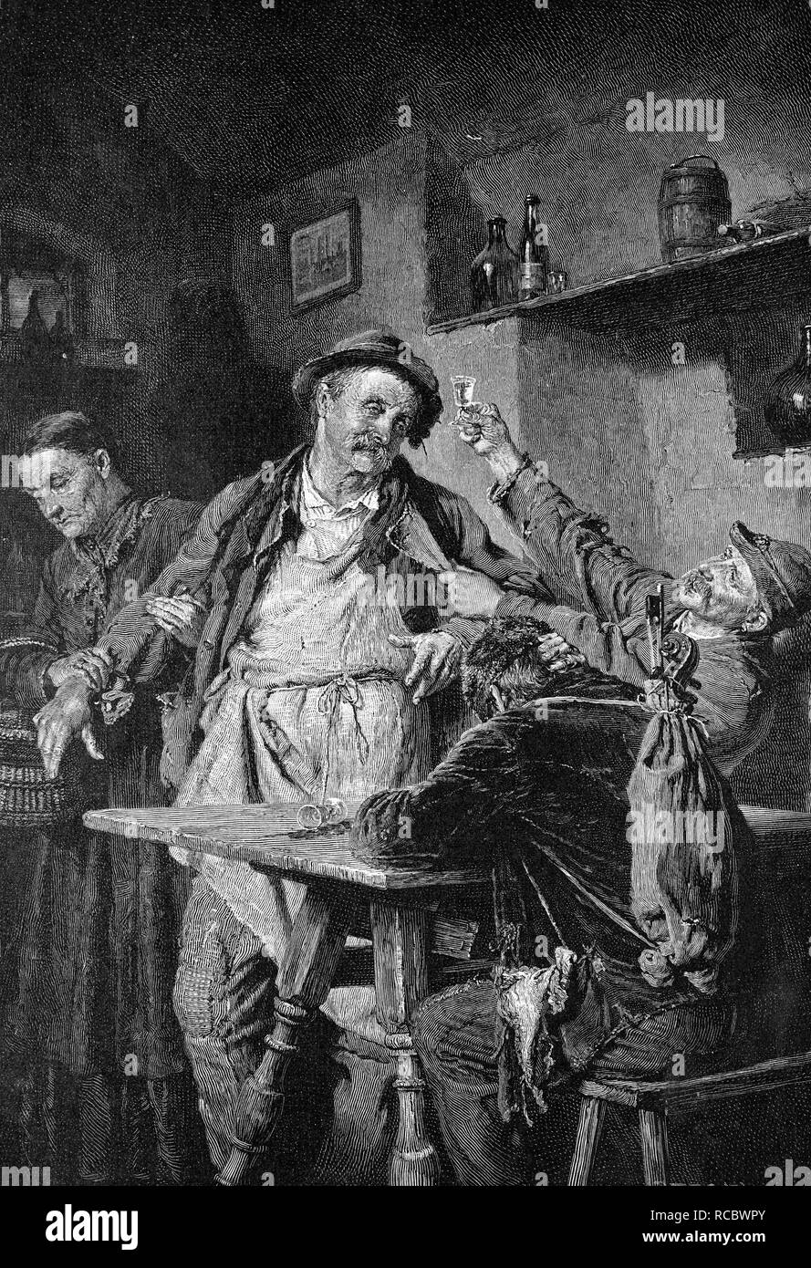 Gli uomini di bere il liquore, incisione storica, 1888 Foto Stock